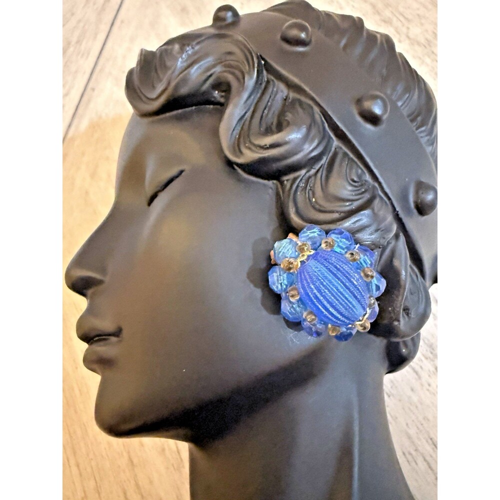 Vintage West Germany Royal Blue Ribbed Lucite Cabochon Filigree Clip-On Earrings
